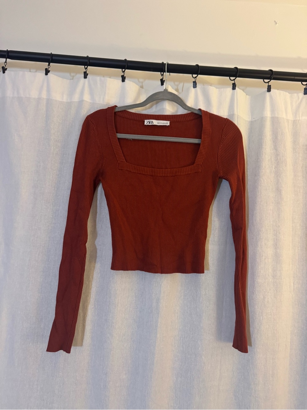 Zara Rust Ribbed Square-Neck Long Sleeve Top